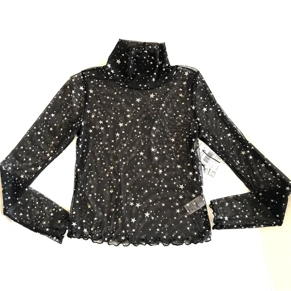 La La Land Black Star Print Sheer Mesh Mock Neck Size Small New - Picture 2 of 8